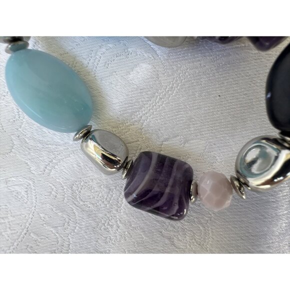 Chico's 2 PC Turquoise Blue Purple Silvertone Stretch Stackable Bracelet - NWT - Picture 11 of 16